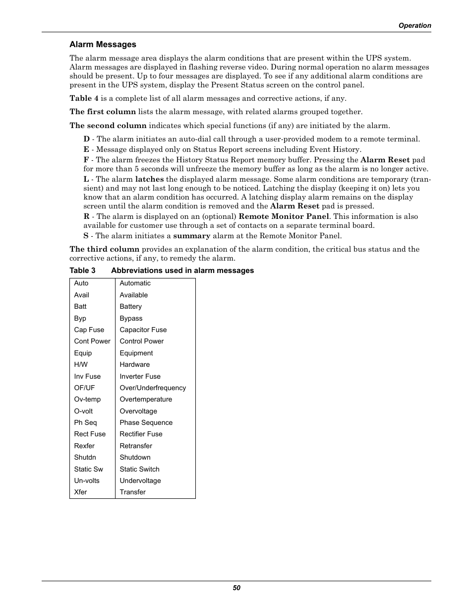 Alarm messages, Table 3 abbreviations used in alarm messages, Table 3 | Abbreviations used in alarm messages | Liebert 610 User Manual | Page 56 / 104