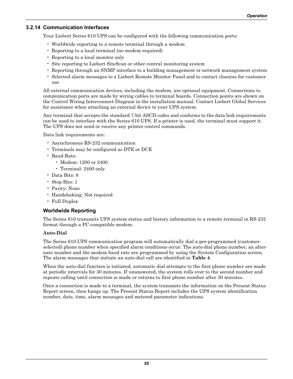 14 communication interfaces, Worldwide reporting, Communication interfaces | See 3.2.14 - com, Munication interfaces for more information | Liebert 610 User Manual | Page 61 / 104