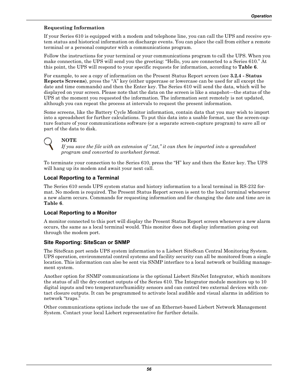 Local reporting to a terminal, Local reporting to a monitor, Site reporting: sitescan or snmp | Liebert 610 User Manual | Page 62 / 104