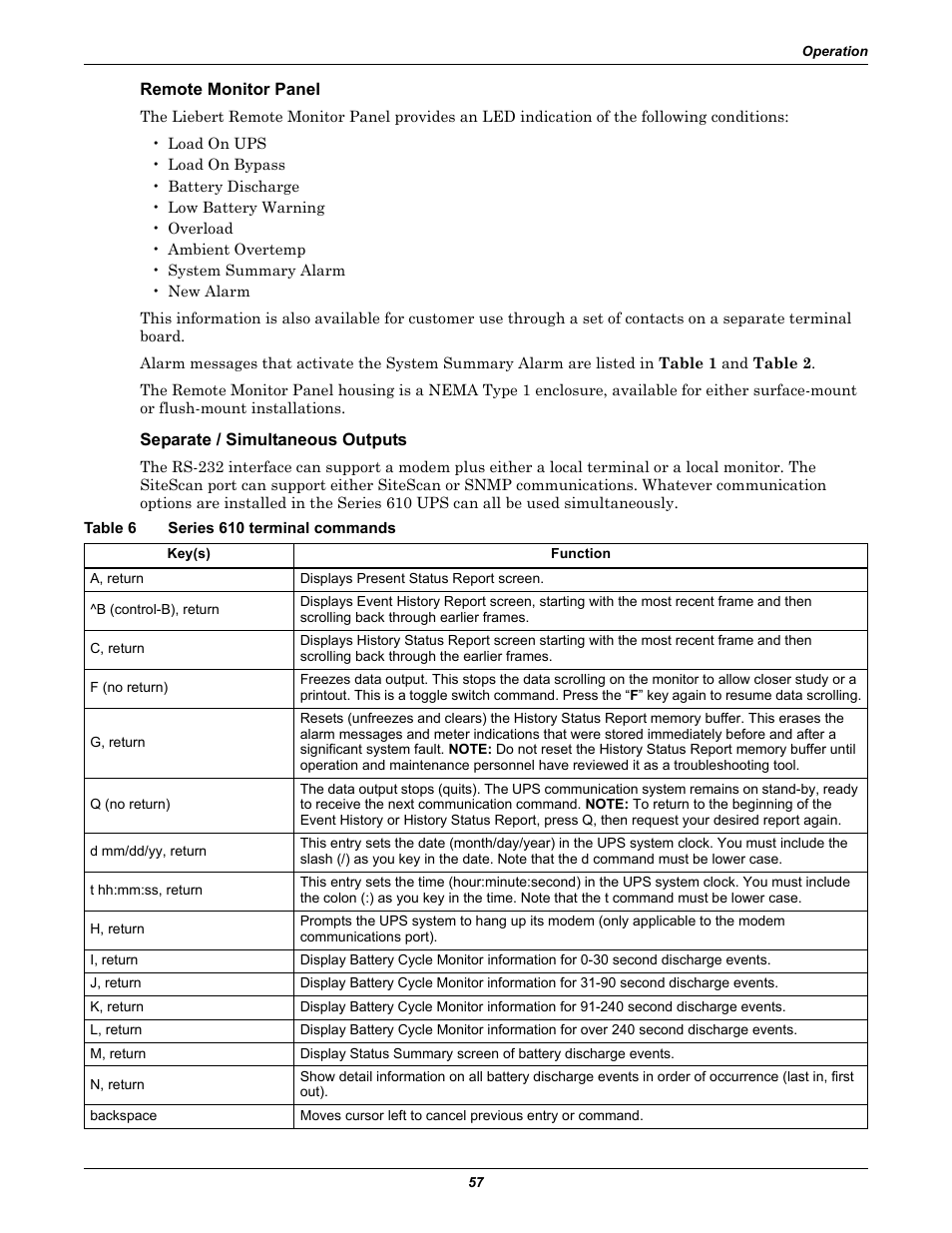 Remote monitor panel, Separate / simultaneous outputs, Table 6 series 610 terminal commands | Table 6, Series 610 terminal commands, To table 6 | Liebert 610 User Manual | Page 63 / 104