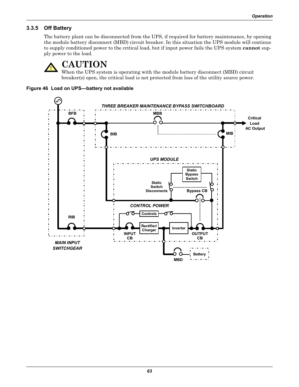 5 off battery, Figure 46 load on ups-battery not available, Off battery | Figure 46 load on ups—battery not available, Caution | Liebert 610 User Manual | Page 69 / 104