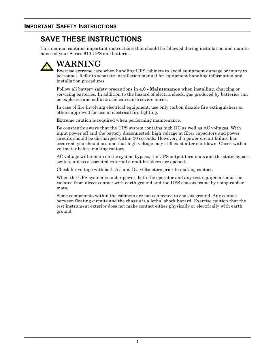 Important safety instructions, Mportant, Afety | Nstructions, Warning, Save these instructions | Liebert 610 User Manual | Page 7 / 104