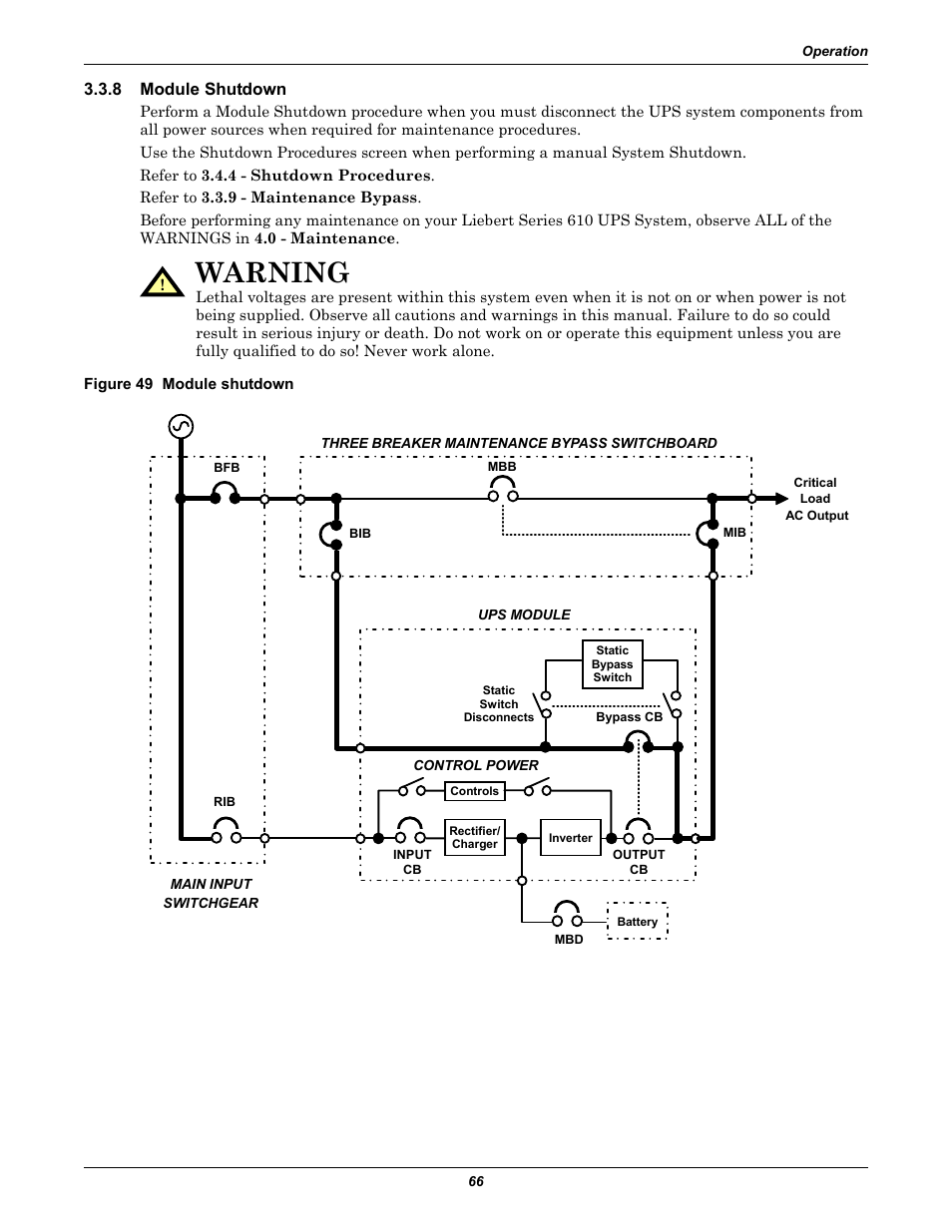 8 module shutdown, Figure 49 module shutdown, Module shutdown | Warning | Liebert 610 User Manual | Page 72 / 104