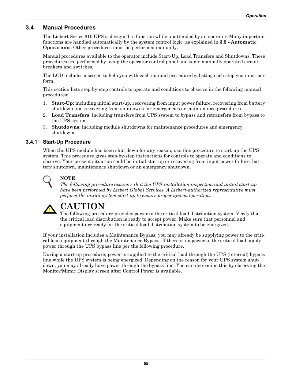 4 manual procedures, 1 start-up procedure, Manual procedures | Start-up procedure, Caution | Liebert 610 User Manual | Page 75 / 104