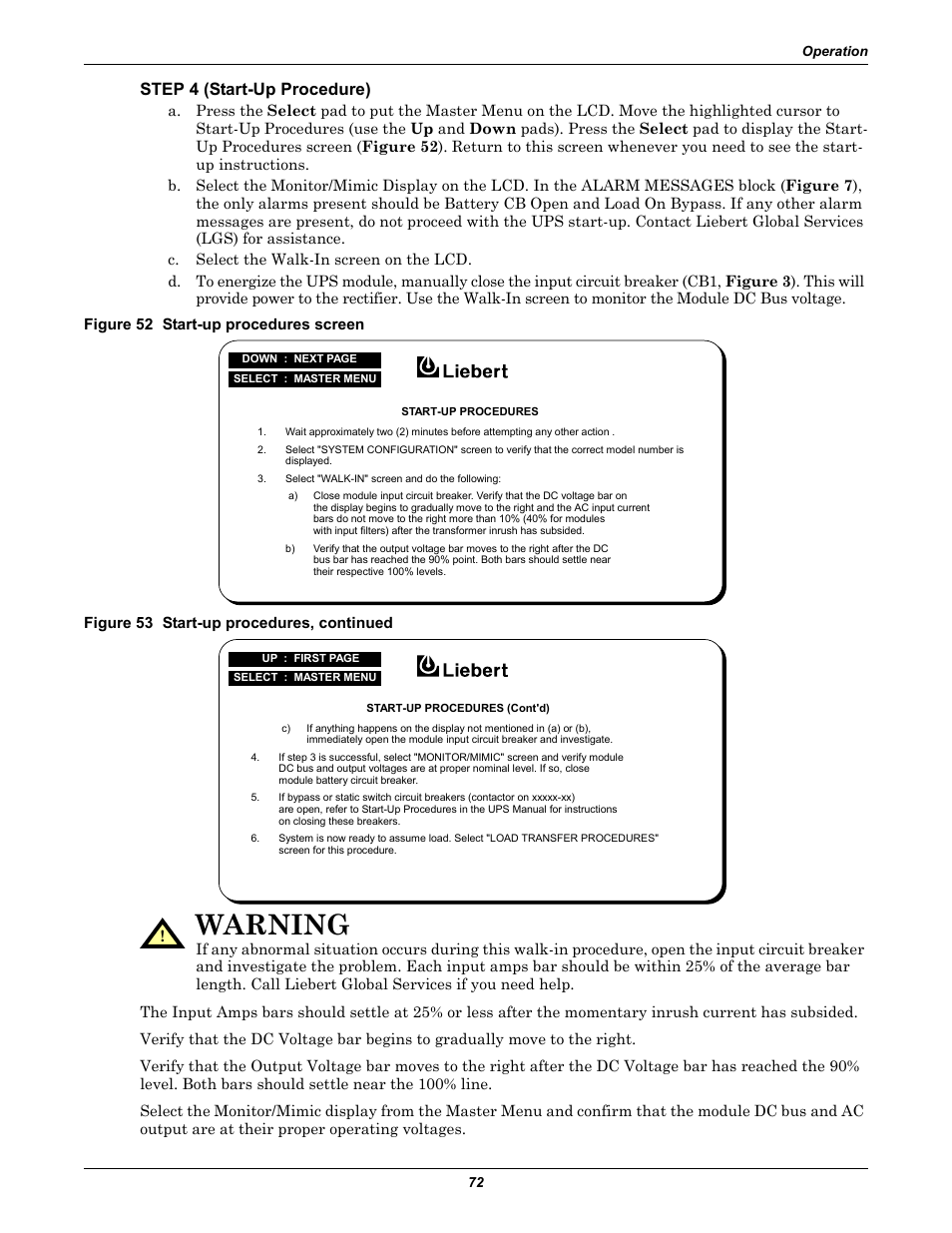 Figure 52 start-up procedures screen, Figure 53 start-up procedures, continued, Warning | Step 4 (start-up procedure) | Liebert 610 User Manual | Page 78 / 104