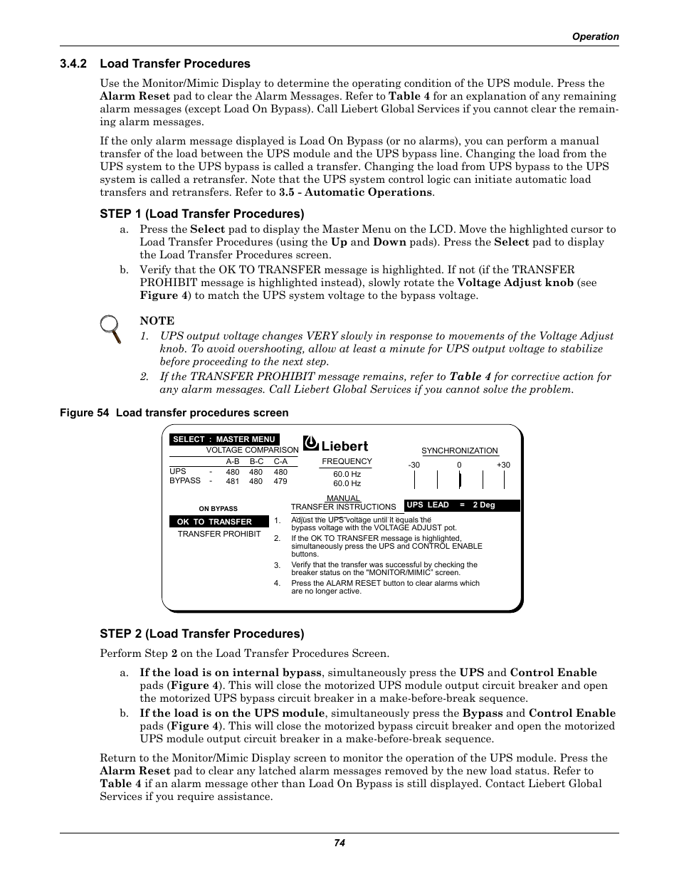 2 load transfer procedures, Figure 54 load transfer procedures screen, Load transfer procedures | R to 3.4.2 - load, Transfer procedures, Step 1 (load transfer procedures), Step 2 (load transfer procedures) | Liebert 610 User Manual | Page 80 / 104