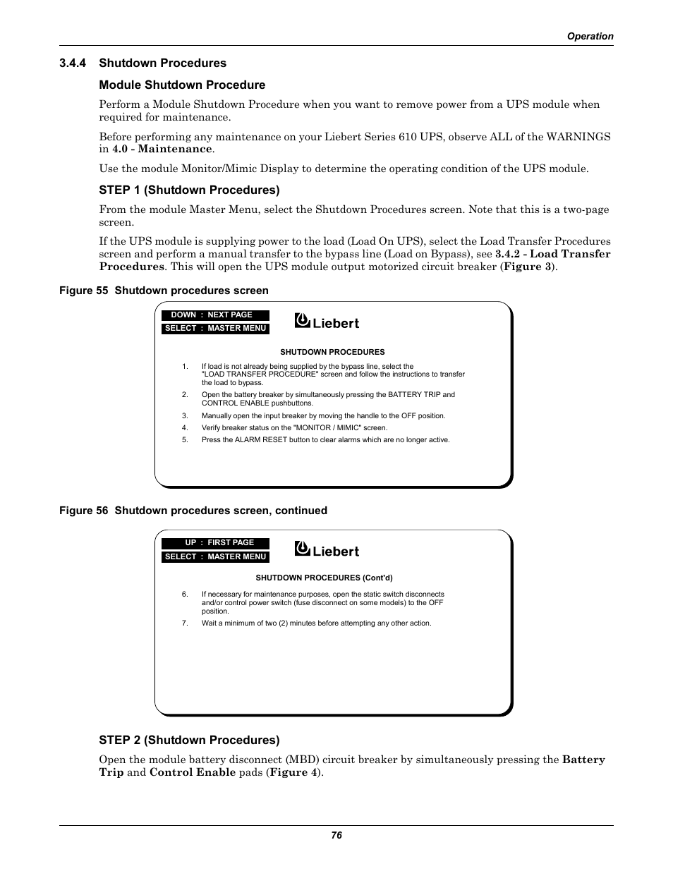 4 shutdown procedures, Module shutdown procedure, Figure 55 shutdown procedures screen | Figure 56 shutdown procedures screen, continued, Shutdown procedures, 4 shutdown procedures module shutdown procedure, Step 1 (shutdown procedures), Step 2 (shutdown procedures) | Liebert 610 User Manual | Page 82 / 104