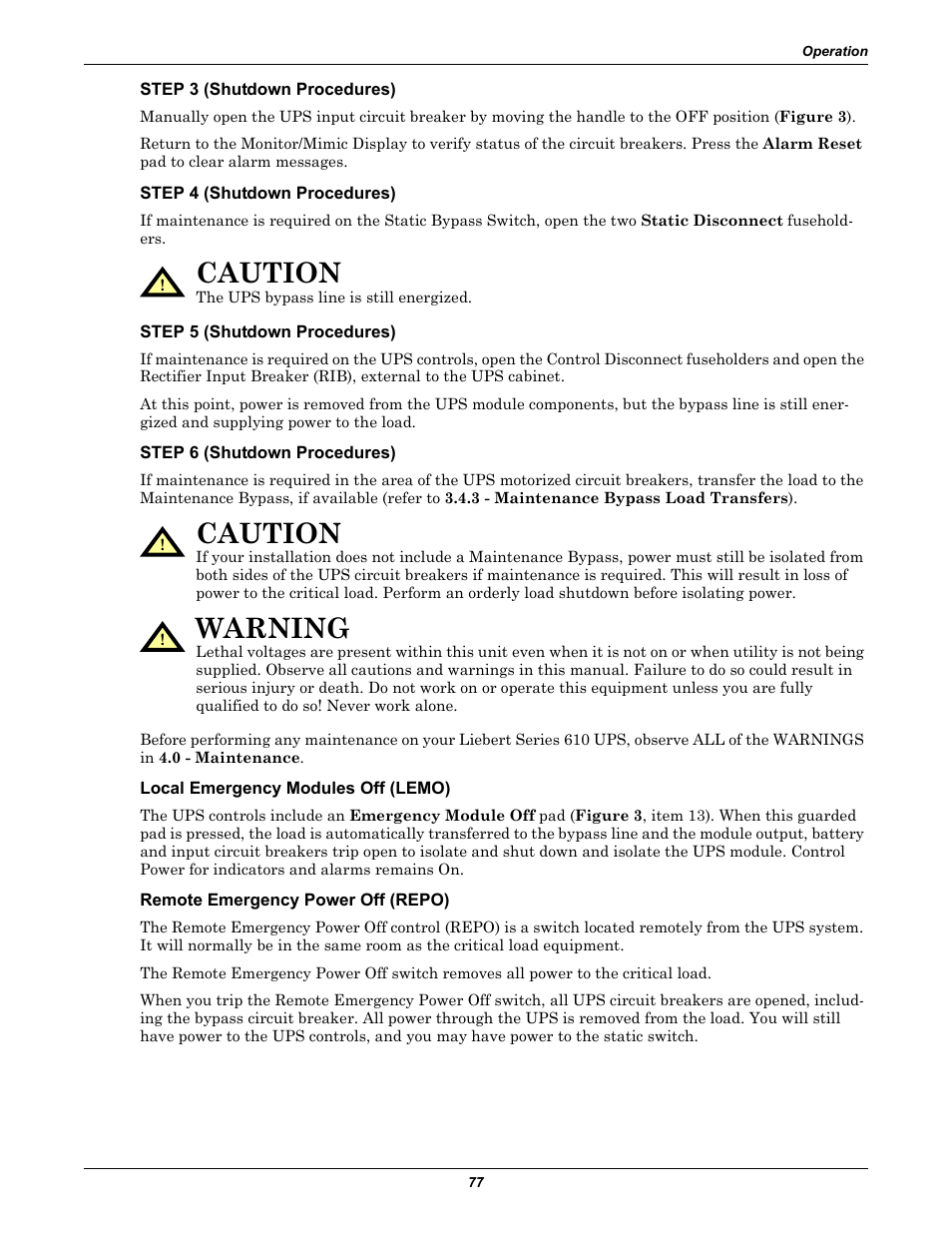 Local emergency modules off (lemo), Remote emergency power off (repo), Caution | Warning | Liebert 610 User Manual | Page 83 / 104