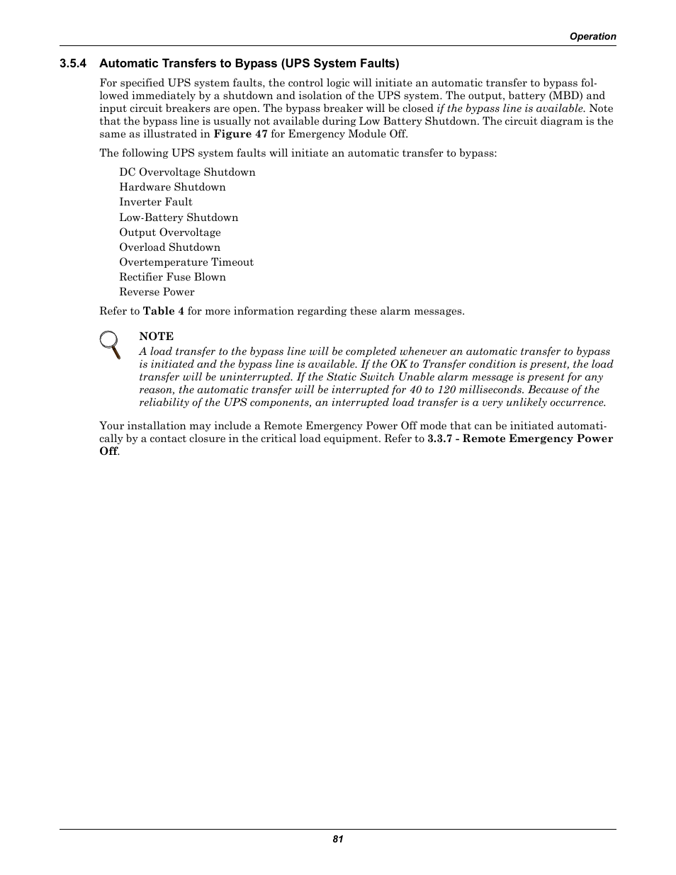 Automatic transfers to bypass (ups system faults) | Liebert 610 User Manual | Page 87 / 104