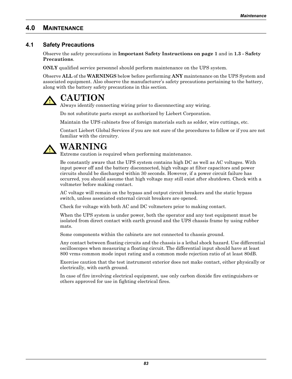 0 maintenance, 1 safety precautions, Aintenance | Safety precautions, 0 - maintenance, Caution, Warning | Liebert 610 User Manual | Page 89 / 104