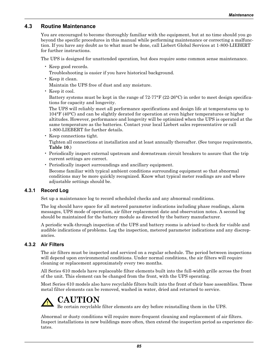 3 routine maintenance, 1 record log, 2 air filters | Routine maintenance, Record log, Air filters, Caution | Liebert 610 User Manual | Page 91 / 104