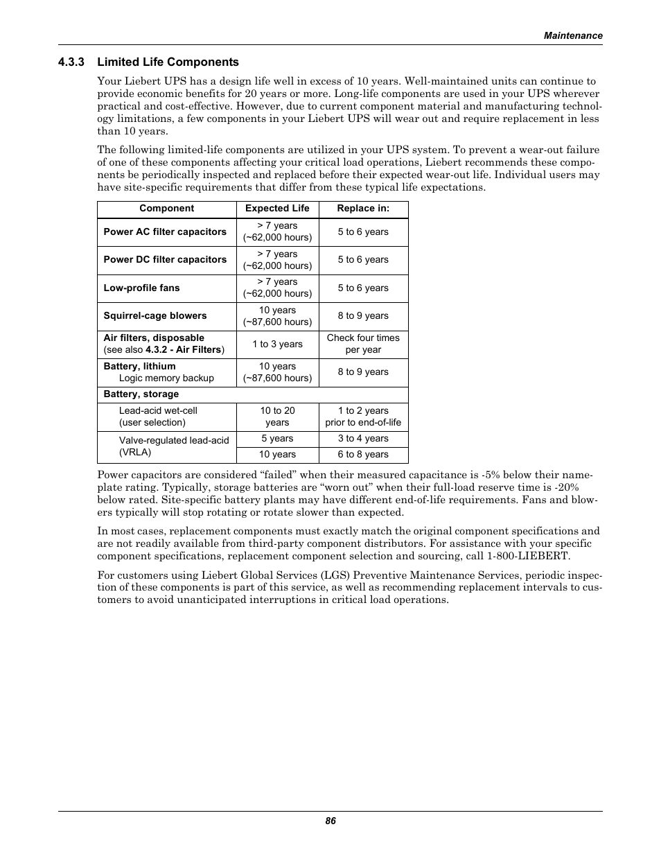 3 limited life components, Limited life components | Liebert 610 User Manual | Page 92 / 104