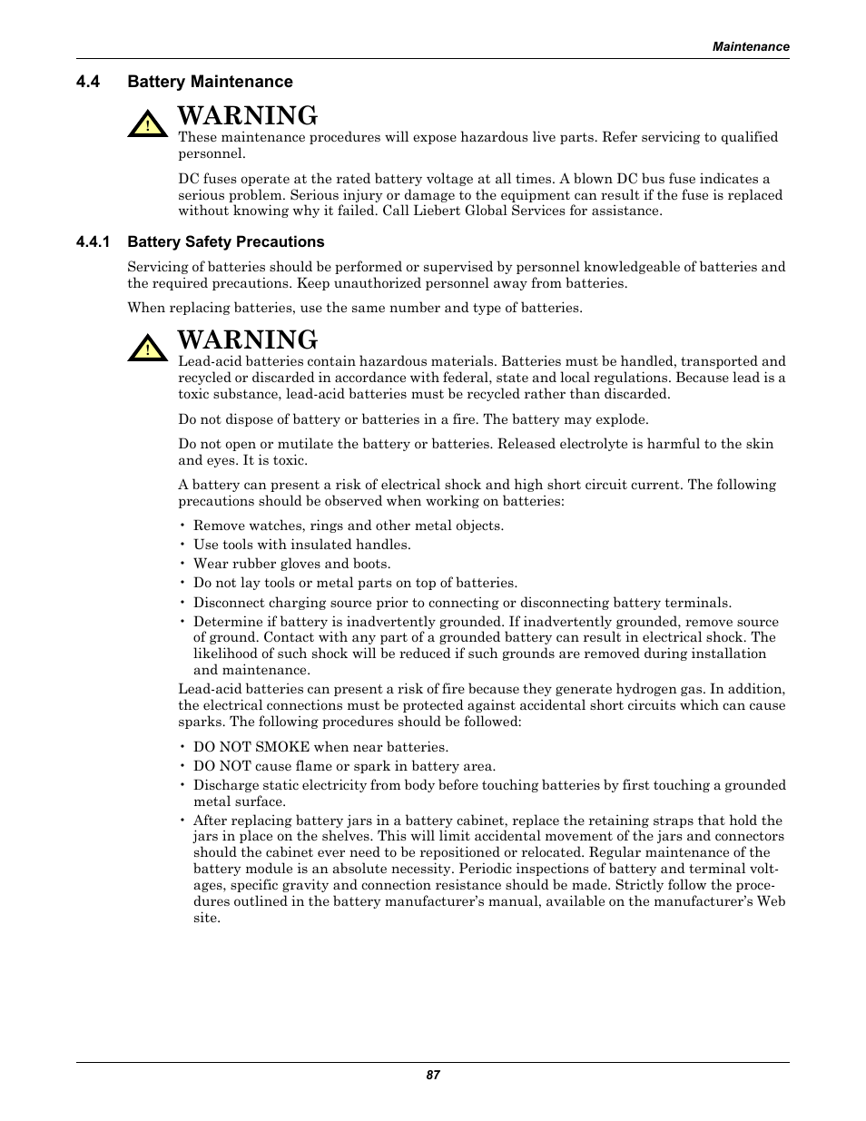 4 battery maintenance, 1 battery safety precautions, Battery maintenance | Battery safety precautions, Warning | Liebert 610 User Manual | Page 93 / 104