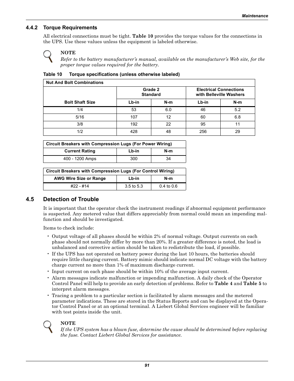 2 torque requirements, 5 detection of trouble, Torque requirements | Detection of trouble, Table 10, Torque specifications (unless otherwise labeled) | Liebert 610 User Manual | Page 97 / 104