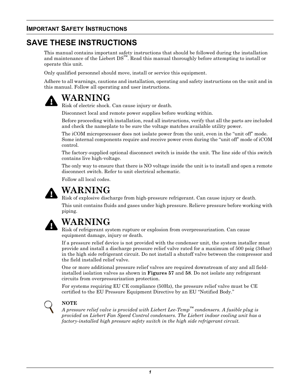 Important safety instructions, Save these instructions, Mportant | Afety, Nstructions, Warning | Liebert Precision Cooling System DS User Manual | Page 11 / 136