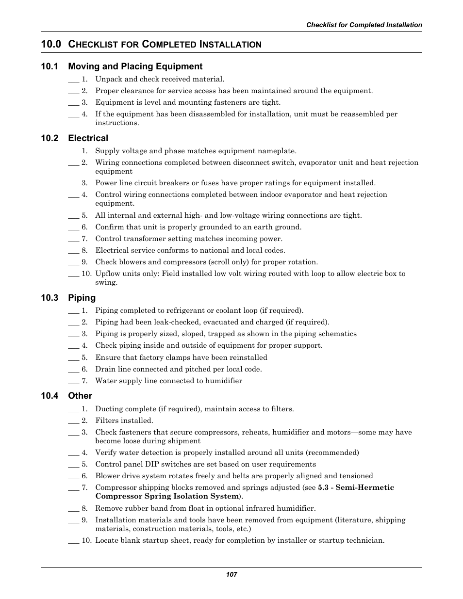 0 checklist for completed installation, 1 moving and placing equipment, 2 electrical | 3 piping, 4 other, Hecklist, Ompleted, Nstallation, Moving and placing equipment, Electrical | Liebert Precision Cooling System DS User Manual | Page 117 / 136