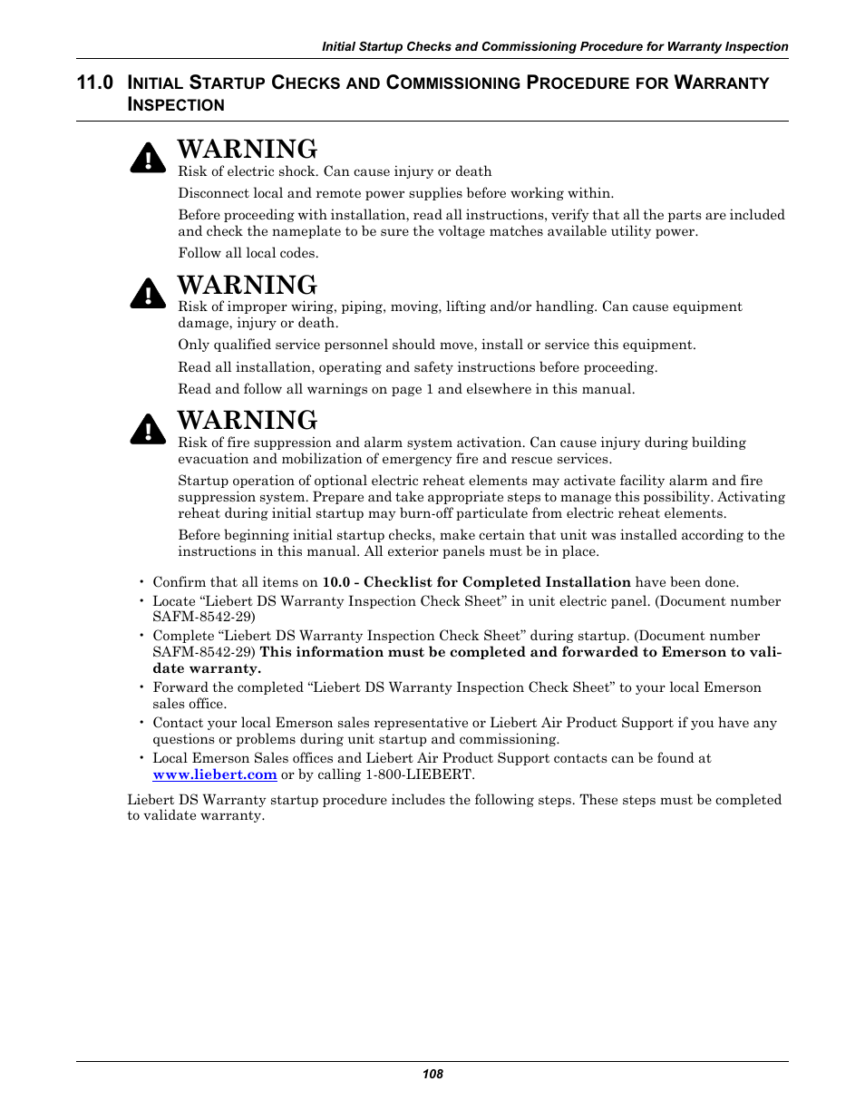 Nitial, Tartup, Hecks | Ommissioning, Rocedure, Arranty, Nspection, Warning | Liebert Precision Cooling System DS User Manual | Page 118 / 136