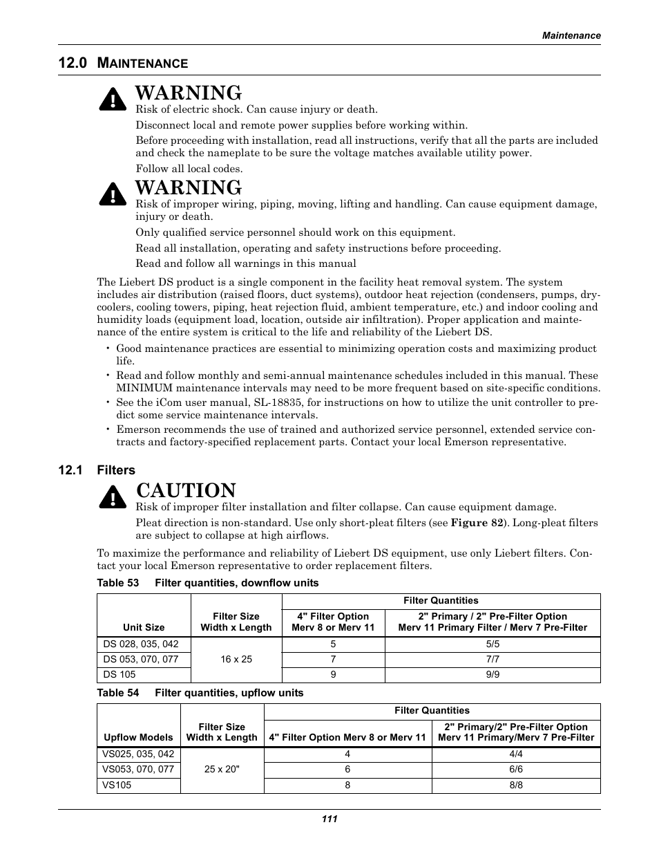 0 maintenance, 1 filters, Table 53 filter quantities, downflow units | Table 54 filter quantities, upflow units, Aintenance, Filters, Table 53, Filter quantities, downflow units, Table 54, Filter quantities, upflow units | Liebert Precision Cooling System DS User Manual | Page 121 / 136