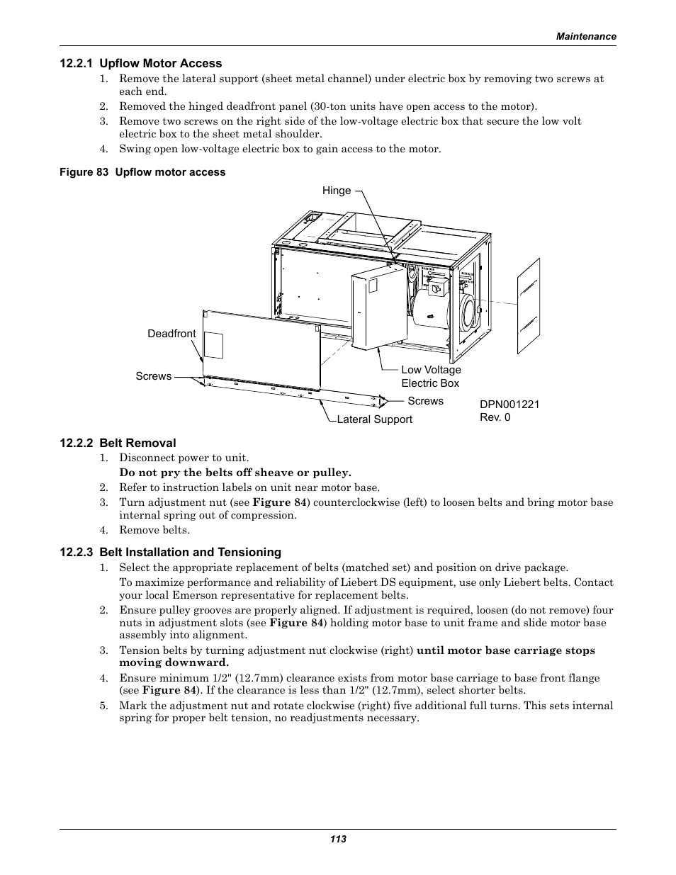 1 upflow motor access, Figure 83 upflow motor access, 2 belt removal | 3 belt installation and tensioning | Liebert Precision Cooling System DS User Manual | Page 123 / 136
