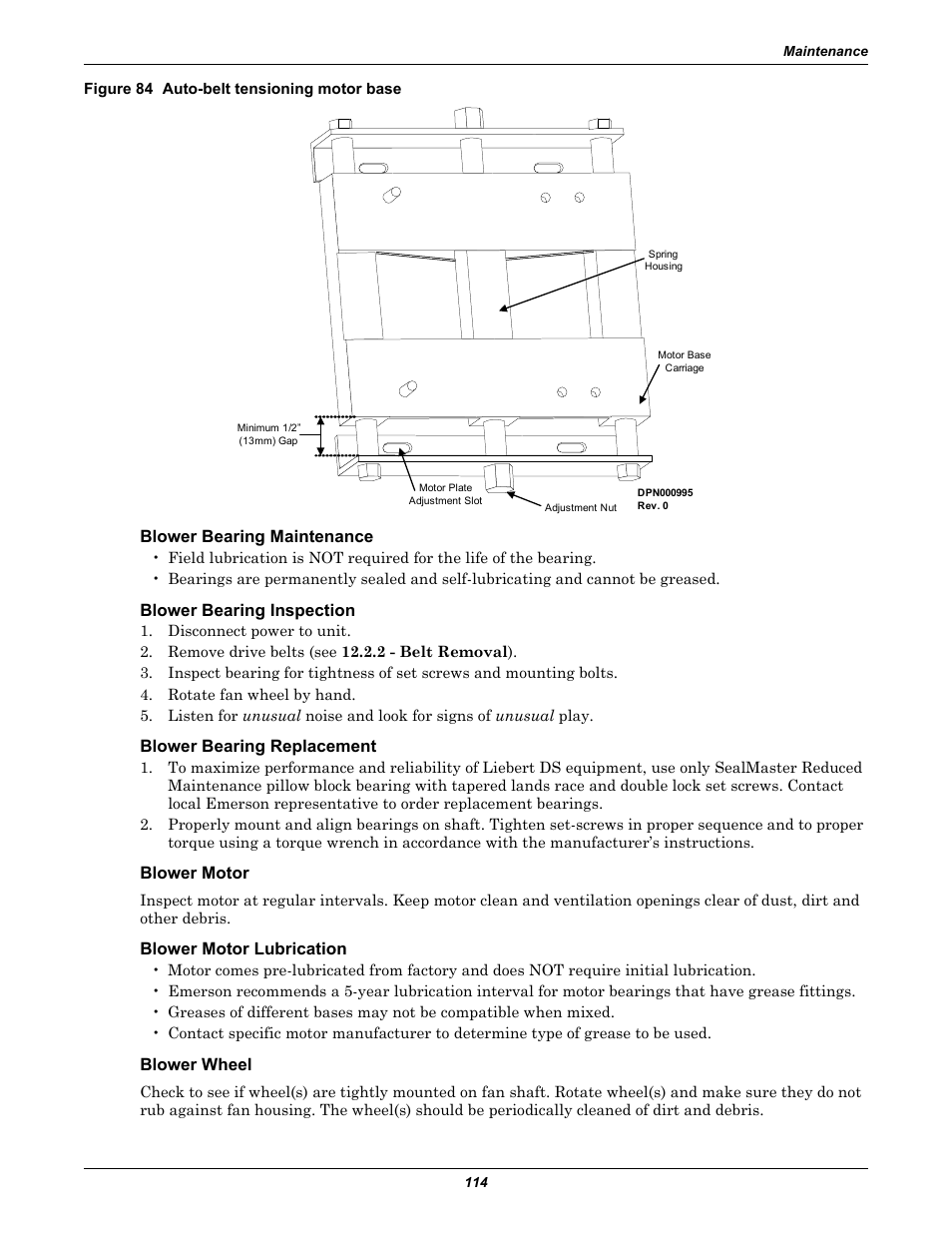 Figure 84 auto-belt tensioning motor base, Blower bearing maintenance, Blower bearing inspection | Blower bearing replacement, Blower motor, Blower motor lubrication, Blower wheel | Liebert Precision Cooling System DS User Manual | Page 124 / 136