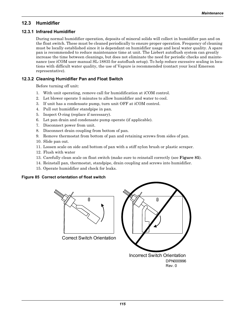 3 humidifier, 1 infrared humidifier, 2 cleaning humidifier pan and float switch | Figure 85 correct orientation of float switch, Humidifier, Correct orientation of float switch | Liebert Precision Cooling System DS User Manual | Page 125 / 136