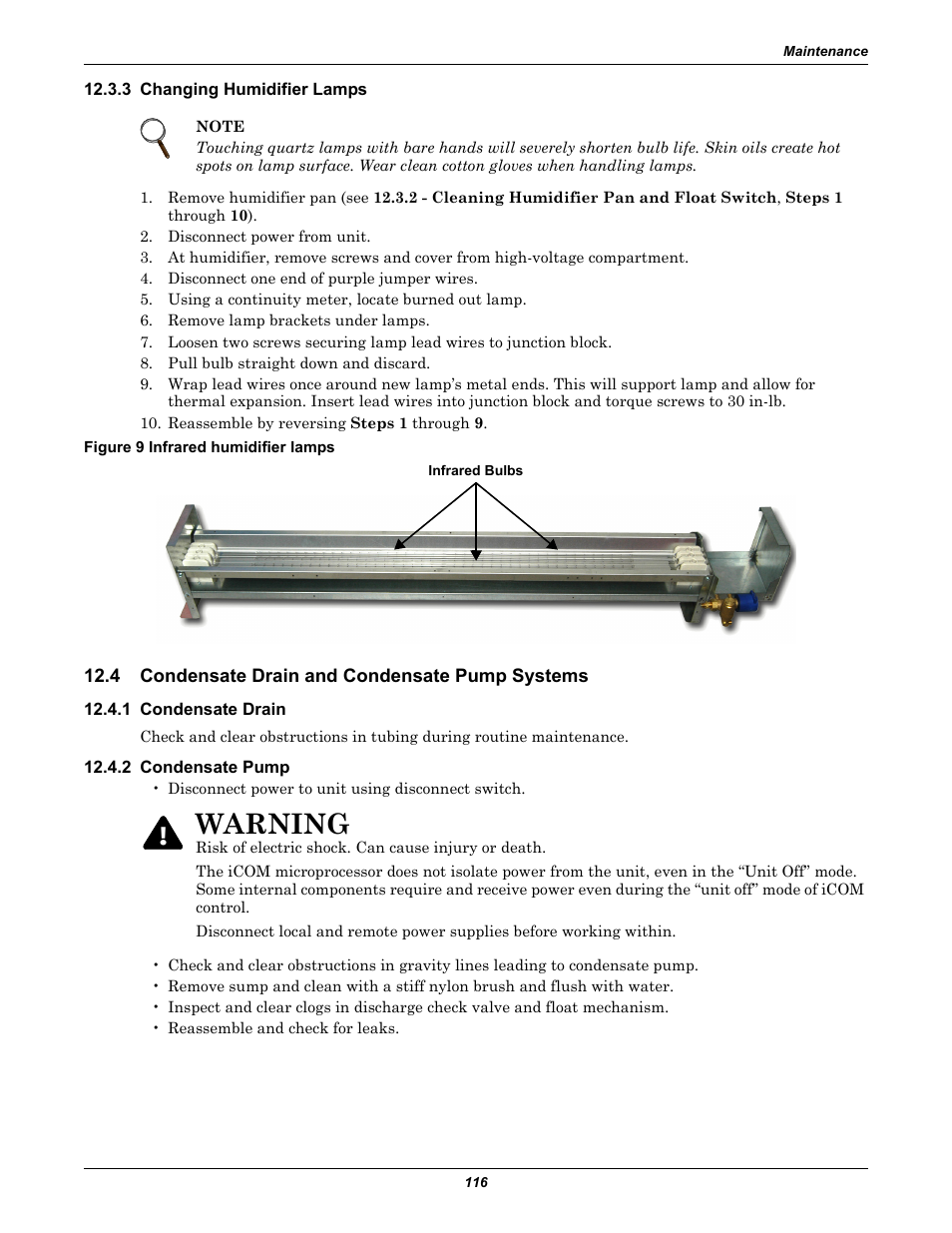 3 changing humidifier lamps, 4 condensate drain and condensate pump systems, 1 condensate drain | 2 condensate pump, Condensate drain and condensate pump systems, Condensate pump, Warning | Liebert Precision Cooling System DS User Manual | Page 126 / 136