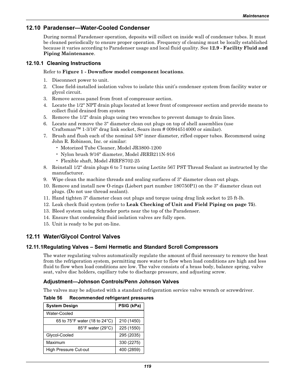 10 paradenser-water-cooled condenser, 1 cleaning instructions, 11 water/glycol control valves | Adjustment-johnson controls/penn johnson valves, Table 56 recommended refrigerant pressures, 10 paradenser—water-cooled condenser, Table 56, Recommended refrigerant pressures | Liebert Precision Cooling System DS User Manual | Page 129 / 136