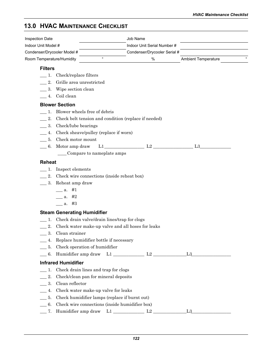 0 hvac maintenance checklist, Filters, Blower section | Reheat, Steam generating humidifier, Infrared humidifier, Hvac m, Aintenance, Hecklist, Blower | Liebert Precision Cooling System DS User Manual | Page 132 / 136