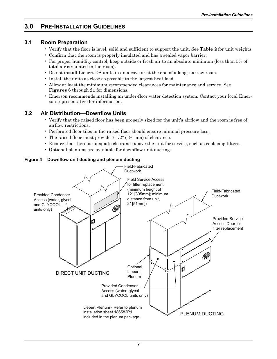 0 pre-installation guidelines, 1 room preparation, 2 air distribution-downflow units | Figure 4 downflow unit ducting and plenum ducting, Nstallation, Uidelines, Room preparation, Air distribution—downflow units, Figure 4, Downflow unit ducting and plenum ducting | Liebert Precision Cooling System DS User Manual | Page 17 / 136