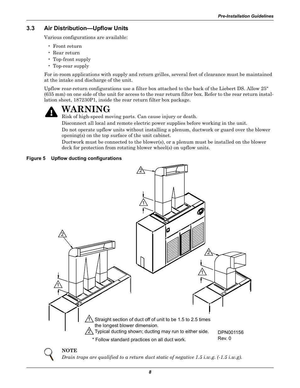 3 air distribution-upflow units, Figure 5 upflow ducting configurations, Air distribution—upflow units | Figure 5, Upflow ducting configurations, Warning | Liebert Precision Cooling System DS User Manual | Page 18 / 136