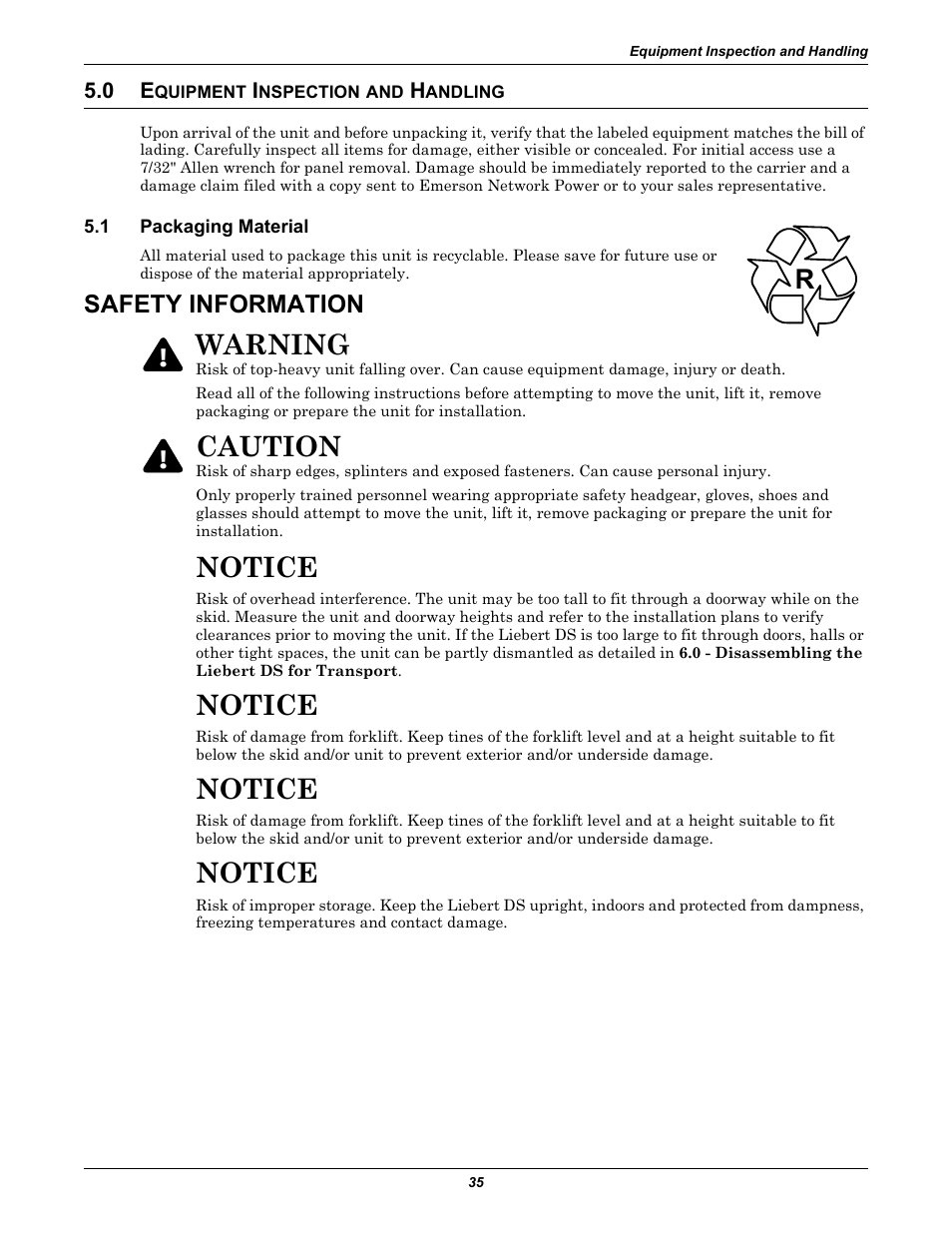 0 equipment inspection and handling, 1 packaging material, Safety information | Quipment, Nspection, Andling, Packaging material, Notice, Warning, Caution | Liebert Precision Cooling System DS User Manual | Page 45 / 136