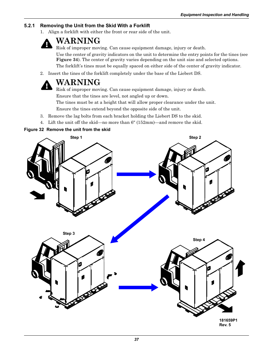1 removing the unit from the skid with a forklift, Figure 32 remove the unit from the skid, Removing the unit from the skid with a forklift | Warning | Liebert Precision Cooling System DS User Manual | Page 47 / 136