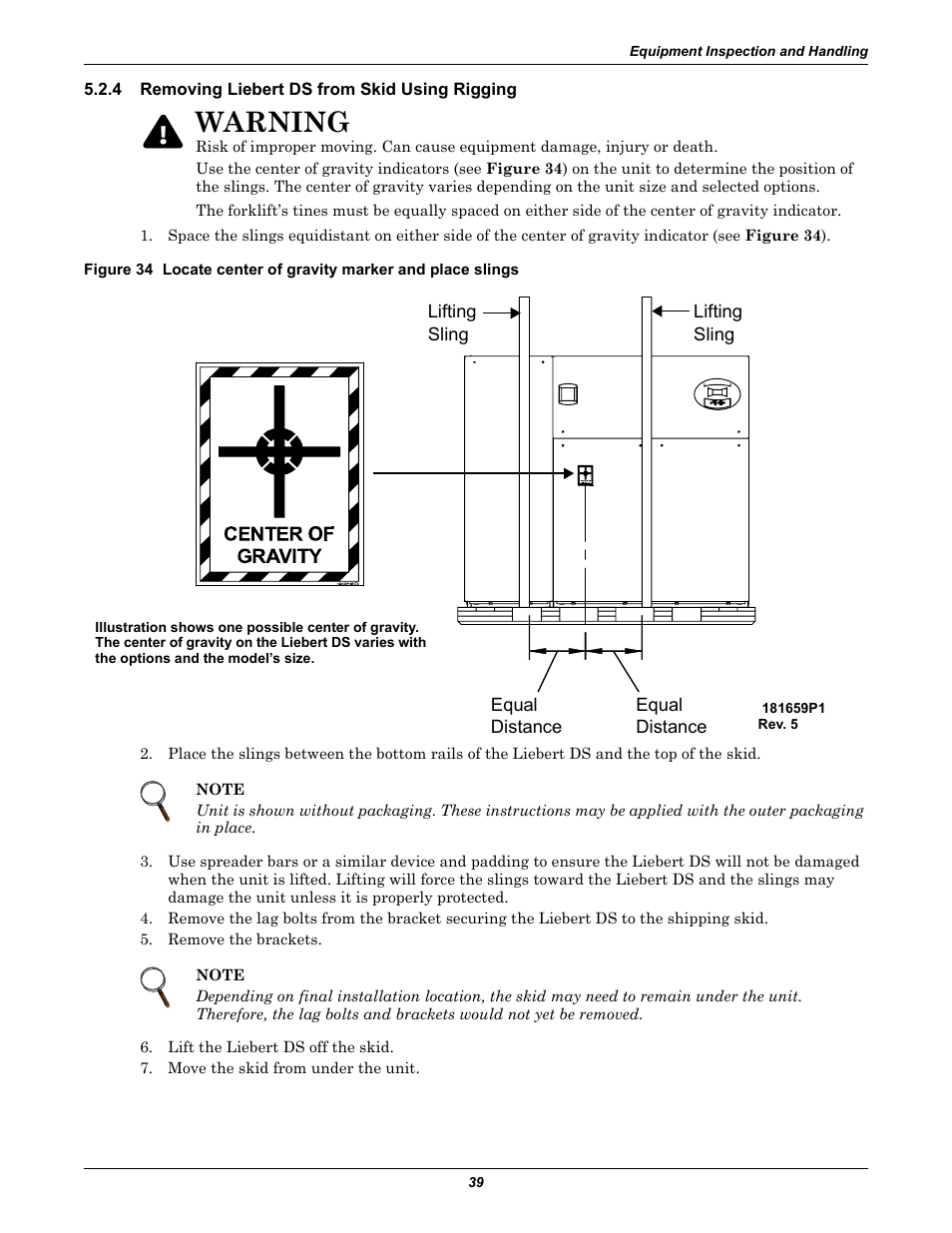 4 removing liebert ds from skid using rigging, Removing liebert ds from skid using rigging, Figure 34 | Warning | Liebert Precision Cooling System DS User Manual | Page 49 / 136