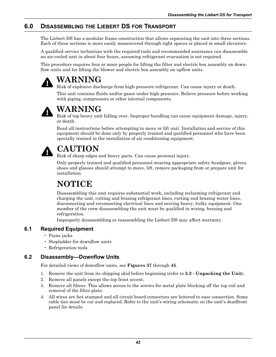 0 disassembling the liebert ds for transport, 1 required equipment, 2 disassembly-downflow units | Isassembling, Iebert, Ransport, Required equipment, Disassembly—downflow units, Notice, Warning | Liebert Precision Cooling System DS User Manual | Page 52 / 136