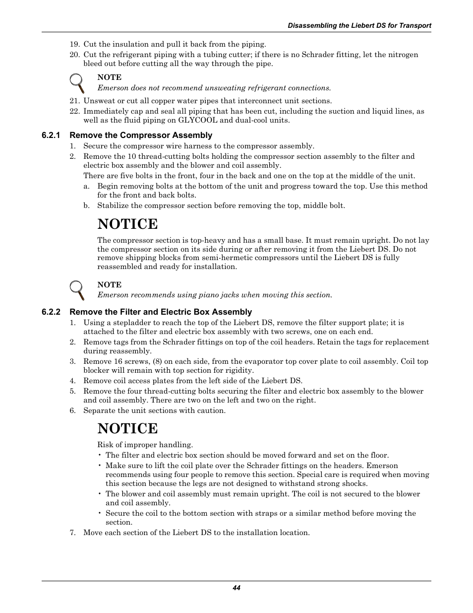 1 remove the compressor assembly, 2 remove the filter and electric box assembly, Remove the compressor assembly | Remove the filter and electric box assembly, Notice | Liebert Precision Cooling System DS User Manual | Page 54 / 136