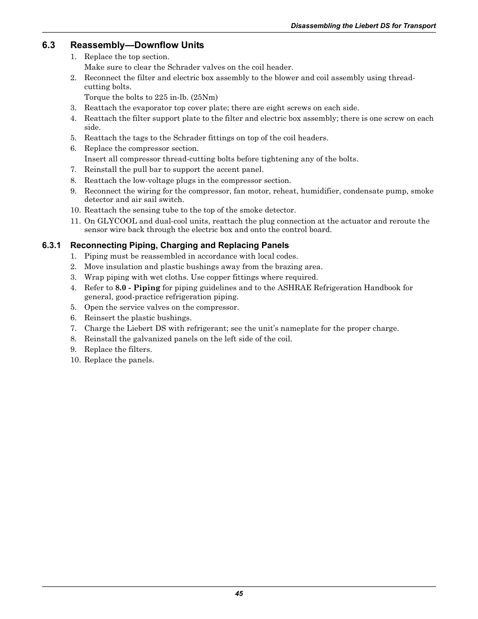 3 reassembly-downflow units, Reassembly—downflow units, Reconnecting piping, charging and replacing panels | Liebert Precision Cooling System DS User Manual | Page 55 / 136