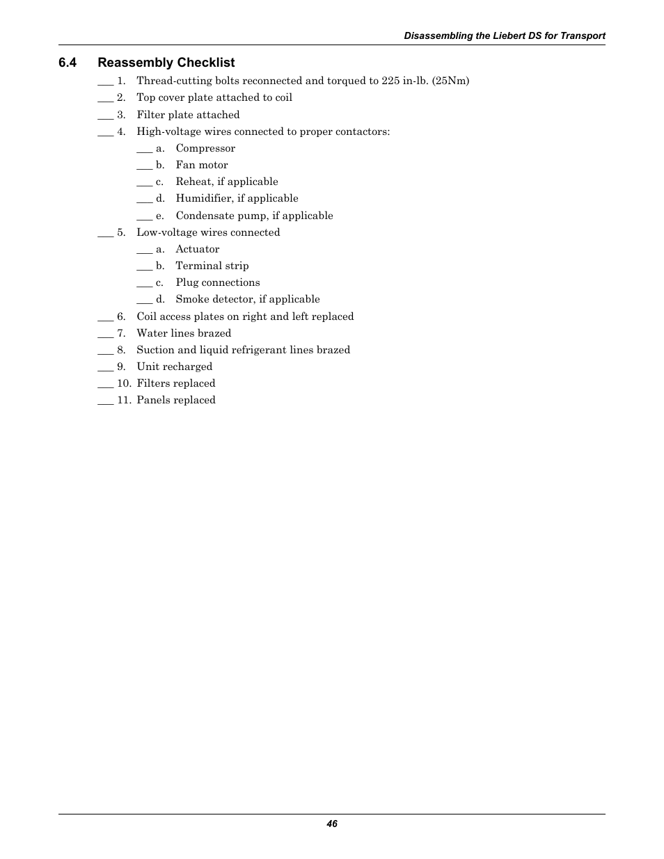4 reassembly checklist, Reassembly checklist | Liebert Precision Cooling System DS User Manual | Page 56 / 136