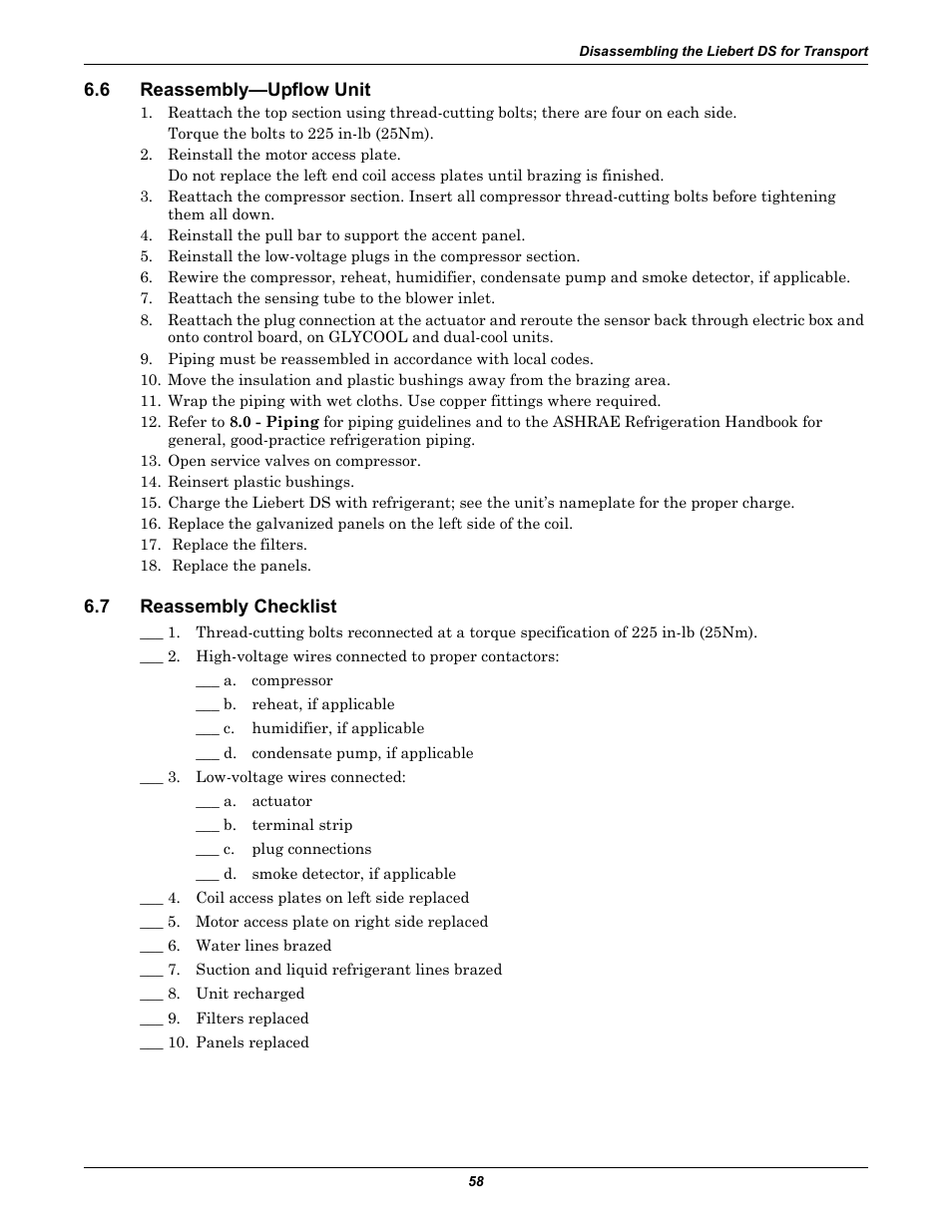6 reassembly-upflow unit, 7 reassembly checklist, Reassembly—upflow unit | Reassembly checklist | Liebert Precision Cooling System DS User Manual | Page 68 / 136