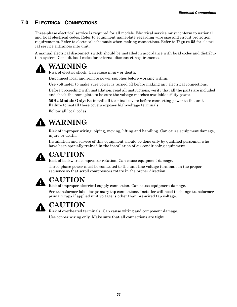 0 electrical connections, Lectrical, Onnections | Warning, Caution | Liebert Precision Cooling System DS User Manual | Page 78 / 136
