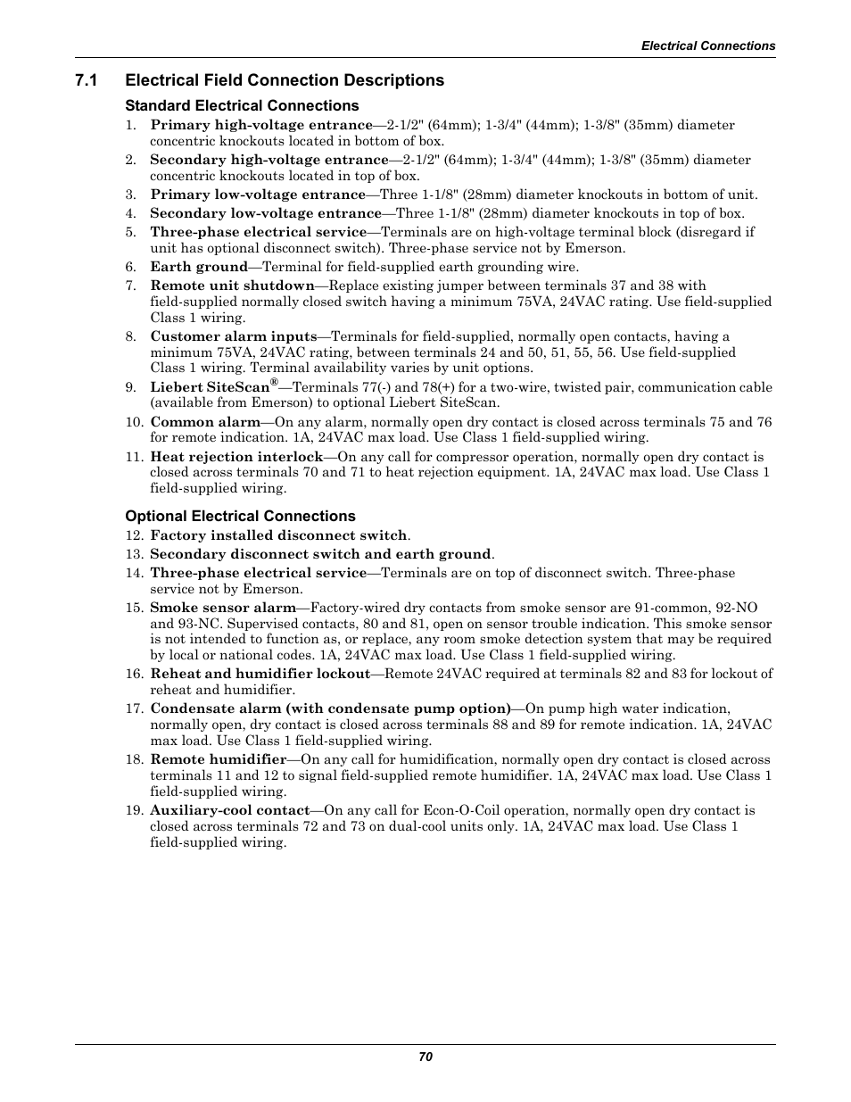 1 electrical field connection descriptions, Standard electrical connections, Optional electrical connections | Electrical field connection descriptions | Liebert Precision Cooling System DS User Manual | Page 80 / 136