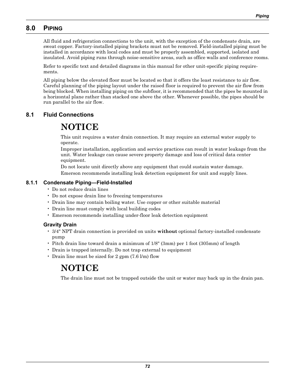 0 piping, 1 fluid connections, 1 condensate piping-field-installed | Gravity drain, Iping, Fluid connections, Condensate piping—field-installed, Notice | Liebert Precision Cooling System DS User Manual | Page 82 / 136