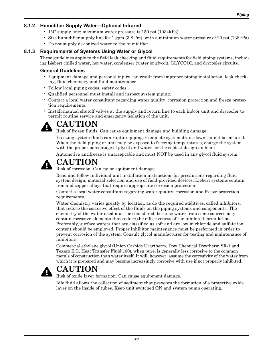 2 humidifier supply water-optional infrared, 3 requirements of systems using water or glycol, General guidelines | Humidifier supply water—optional infrared, Requirements of systems using water or glycol, Caution | Liebert Precision Cooling System DS User Manual | Page 84 / 136