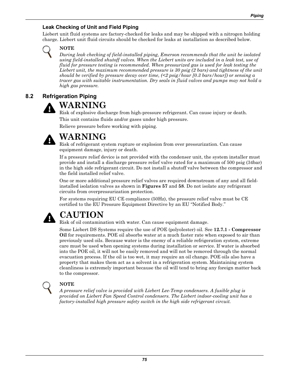 Leak checking of unit and field piping, 2 refrigeration piping, Refrigeration piping | Warning, Caution | Liebert Precision Cooling System DS User Manual | Page 85 / 136