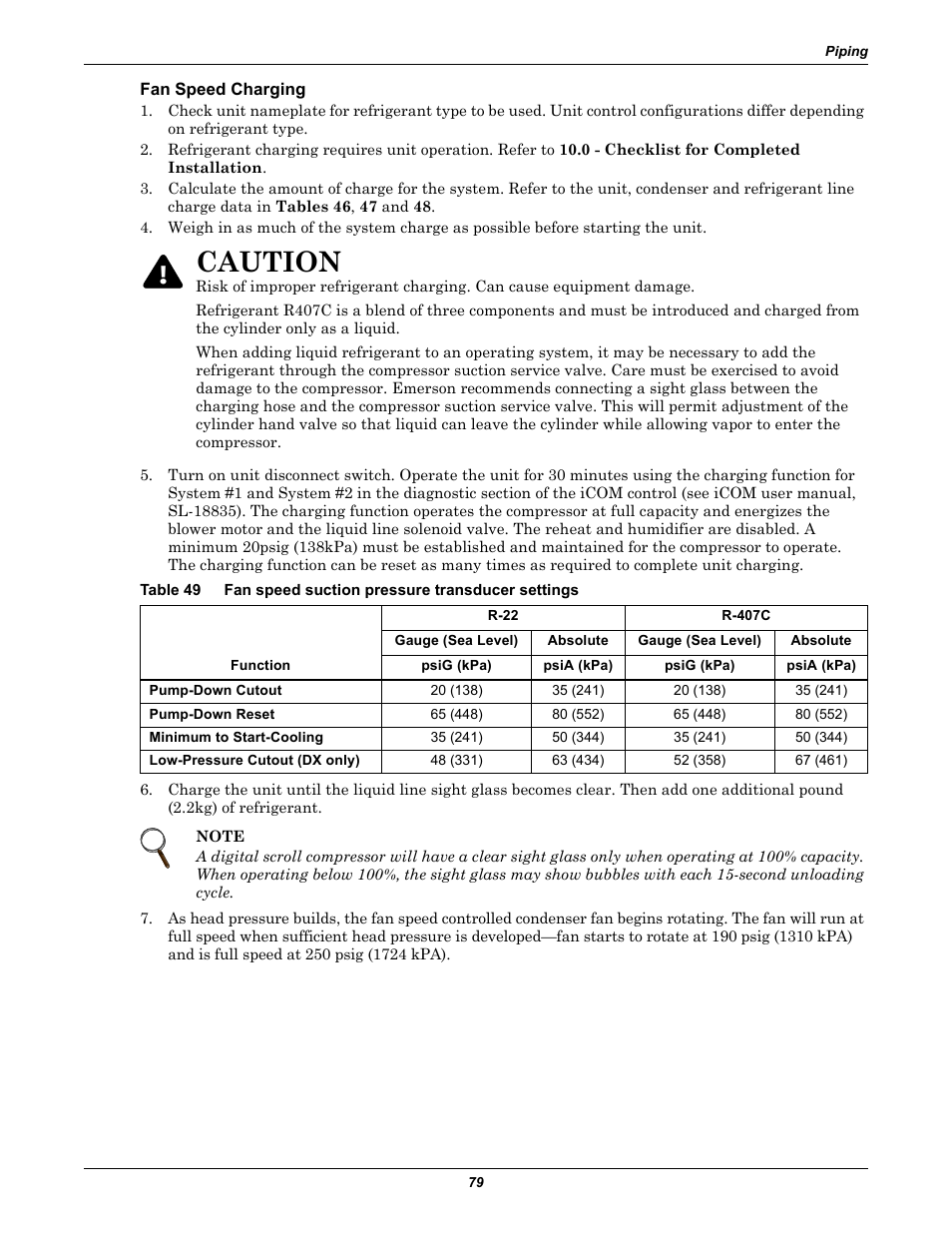 Fan speed charging, Table 49, Fan speed suction pressure transducer settings | To fan speed, Charging, Caution | Liebert Precision Cooling System DS User Manual | Page 89 / 136