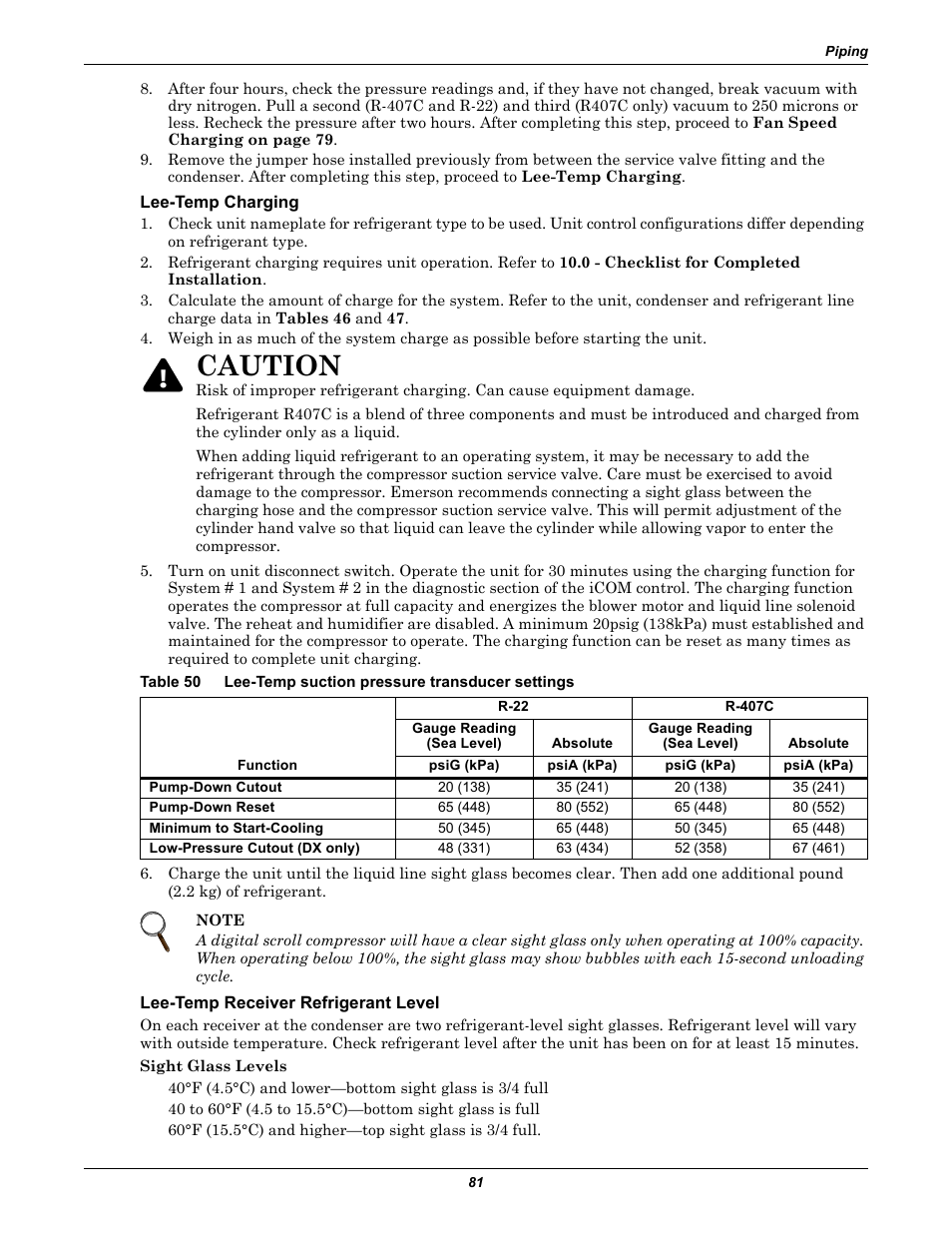 Lee-temp charging, Lee-temp receiver refrigerant level, Table 50 | Lee-temp suction pressure transducer settings, Caution | Liebert Precision Cooling System DS User Manual | Page 91 / 136