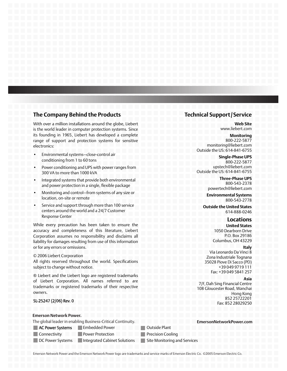 The company behind the products, Technical support/service, Locations | Liebert Extender/Adapter User Manual | Page 8 / 8