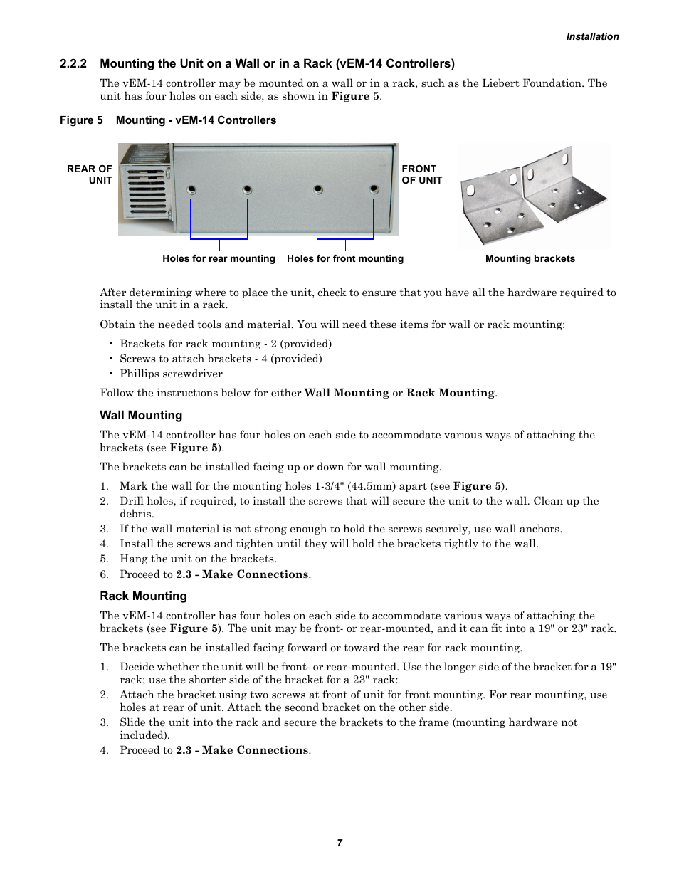 Figure 5 mounting - vem-14 controllers, Wall mounting, Rack mounting | Figure 5, Mounting - vem-14 controllers | Liebert EM User Manual | Page 13 / 48