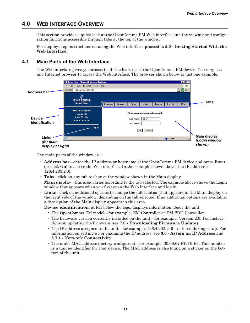 0 web interface overview, 1 main parts of the web interface, Nterface | Verview, Main parts of the web interface | Liebert EM User Manual | Page 17 / 48