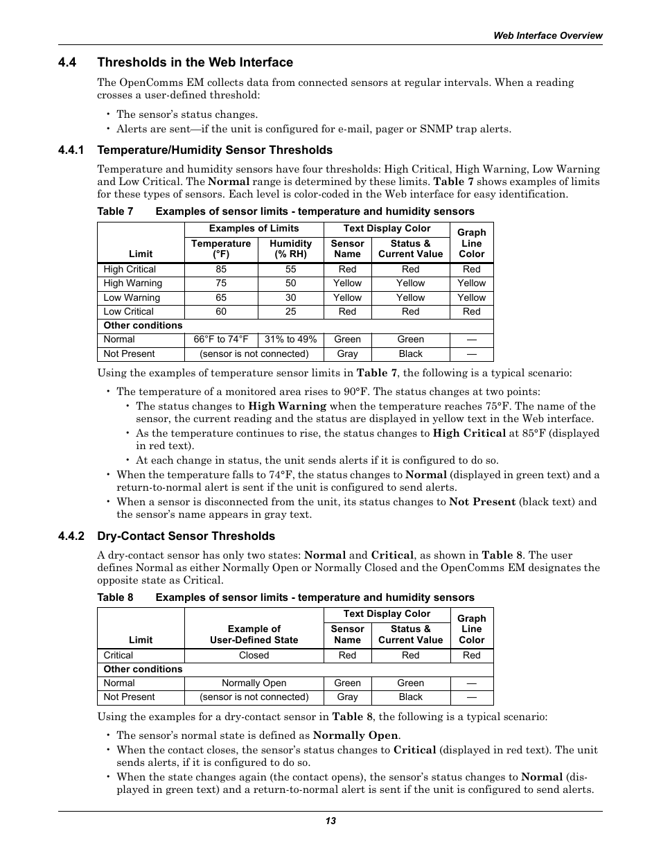 4 thresholds in the web interface, 1 temperature/humidity sensor thresholds, 2 dry-contact sensor thresholds | Thresholds in the web interface, Temperature/humidity sensor thresholds, Dry-contact sensor thresholds, Table 7, Table 8 | Liebert EM User Manual | Page 19 / 48