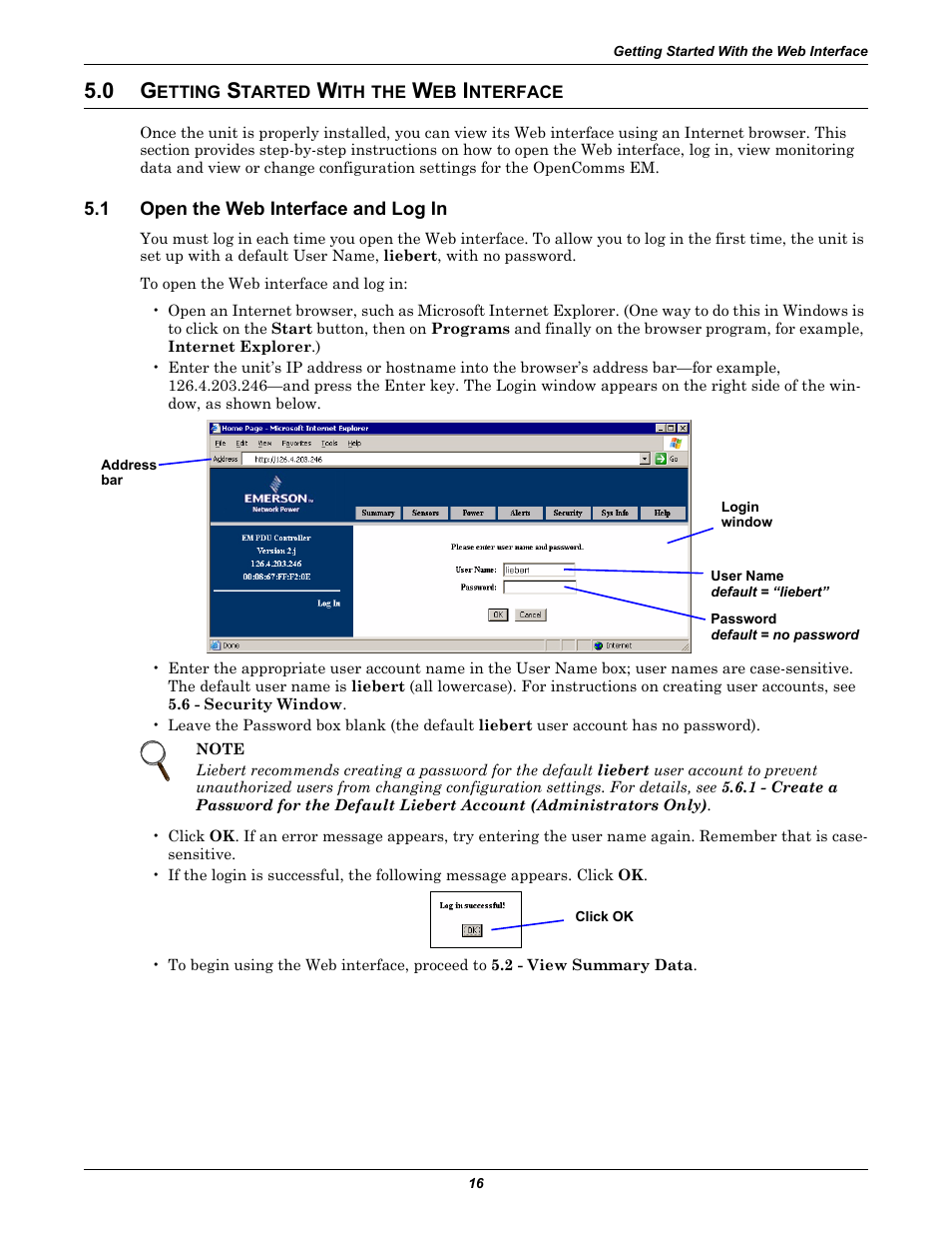 0 getting started with the web interface, 1 open the web interface and log in, Etting | Tarted, Nterface, Open the web interface and log in, 0 - getting started with the, Web interface | Liebert EM User Manual | Page 22 / 48